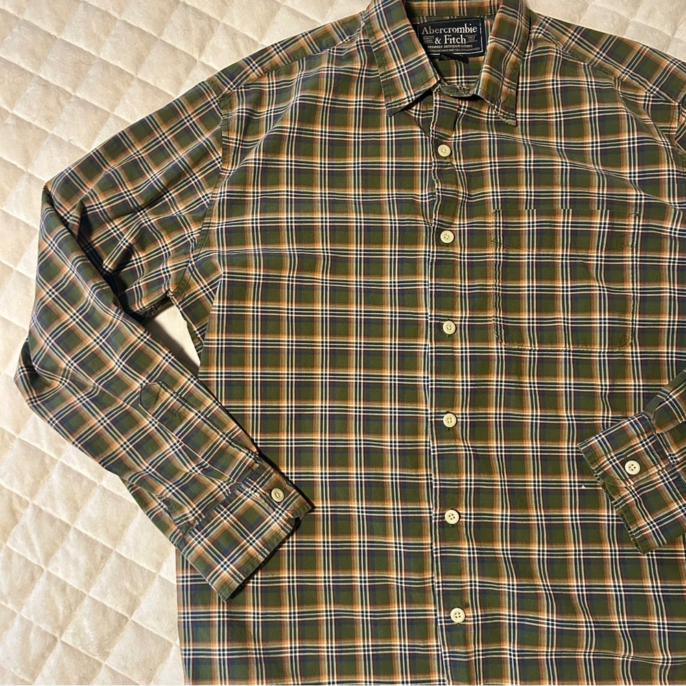 Vintage Abercrombie & Fitch Green & Orange Plaid Men's Button Down Shirt - Picture 5 of 5